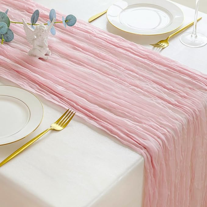 Sioloc Light Pink Cheesecloth Table Runner 120” x 35”, Soft Gauze Boho Wedding Valentines Table Decor for 10ft Table, Romantic Party, Baby Shower, Bridal Shower, Home & Event Decor