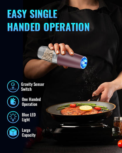 XinXu Gravity Electric Pepper Grinder, Salt or Pepper Mills & Adjustable Coarseness, with LED Light, One Hand Automatic Operation -Set/RoseRed