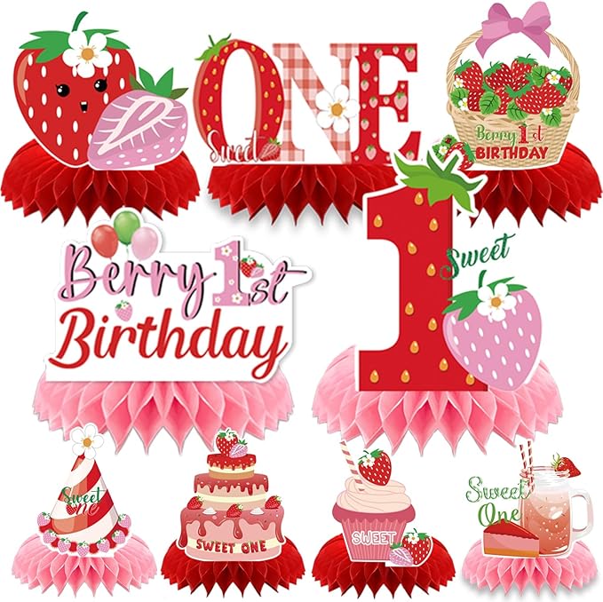 Berry First Birthday Decor - 9PCS Sweet One Birthday Party Decorations Cute Strawberry 1st Birthday Decorations Berry First Birthday Party Table Centerpiece Decor Supplies Baby Girls