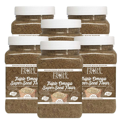 Pride of India - PACK of 6 - Triple Omega Superseed Flour 1 lbs (454 gm) Nutty Earthy Taste Milled in Small Batches | Chia Flax Sesame Seed mix | Used for Cooking Baking Coating Muffins Smoothies