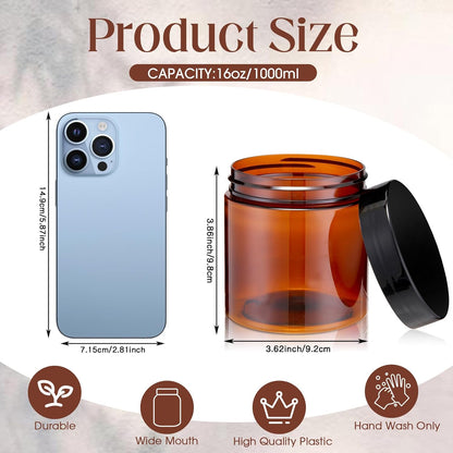 Patelai 4 Pieces Round Wide-mouth Leak Proof Plastic Container Jars with Lids for Travel Storage Makeup Beauty Products Face Creams Oils Salves Ointments DIY Making(16 Ounce,Amber)