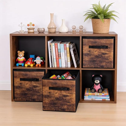 13 Inch Fabric Storage Cubes, 8 Pack Foldable Storage Bins with Handle, Fabric Cube Box for Shelves, Closet, Bedroom, Living Room, Organizer, Rustic Brown and Ink Black