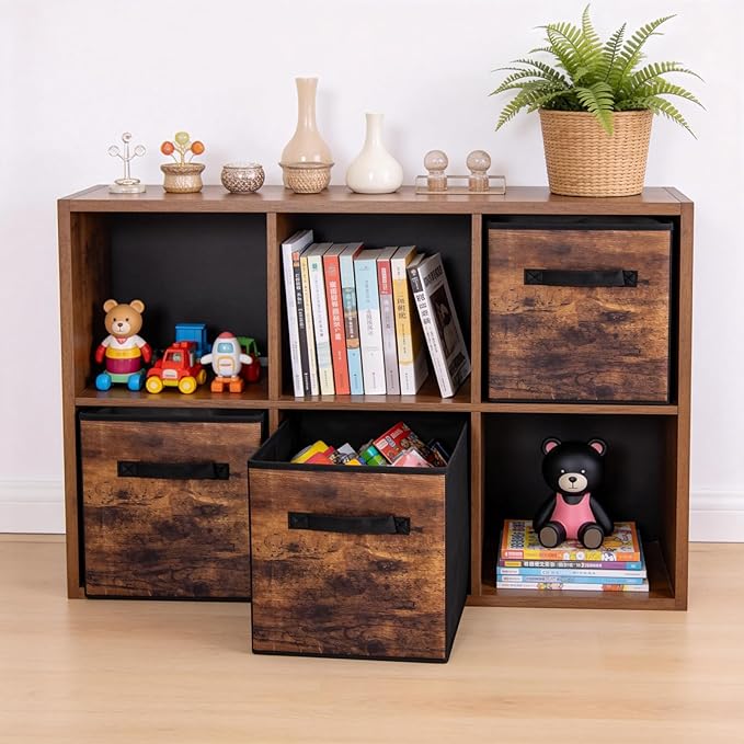 13 Inch Fabric Storage Cubes, 6 Pack Foldable Storage Bins with Handle, Fabric Cube Box for Shelves, Closet, Bedroom, Living Room, Organizer, Rustic Brown and Ink Black