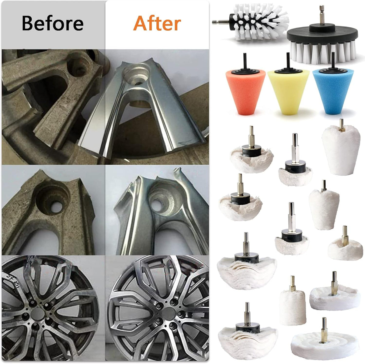 Polishing Pad Buffing Wheel Kit 17 Pack, for Drill for Metal Aluminum Stainless Steel Chrome Wood Plastic Ceramic Glass Woods Fabric Cotton Machine Jewelry etc