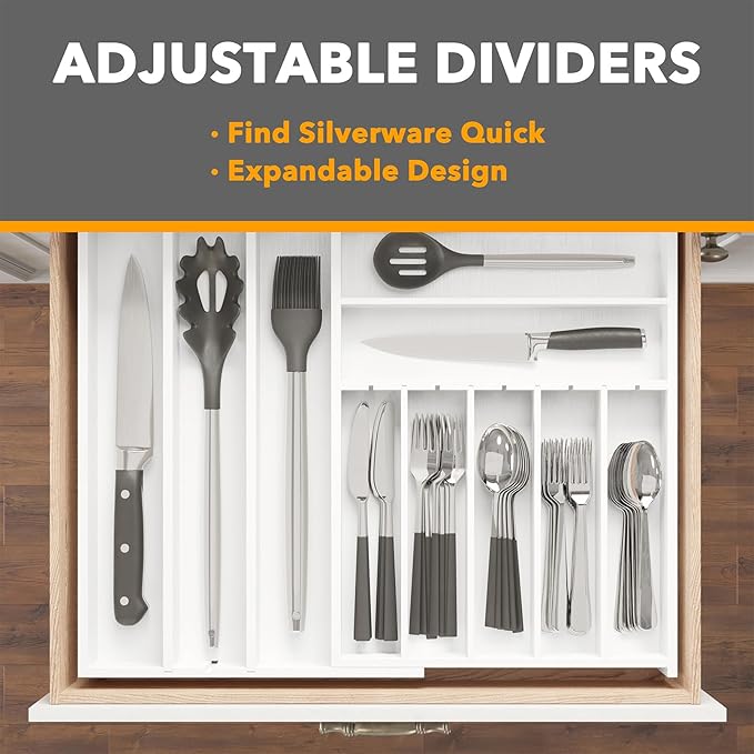 SpaceAid 2.5" High Bamboo Silverware Drawer Organizer with Labels, Kitchen Utensil Expandable Tray Holder for Flatware, Cutlery, Spoon and Knives Drawer Storage Organization (White)