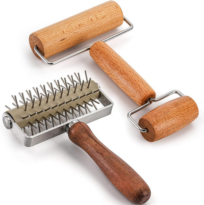 Hiceeden Set of 2 Pizza Dough Roller & Dough Docker, Stainless Steel Dough Hole Maker Puncher Wooden Rolling Pin for Pizza, Cookie, Pie, Pastry