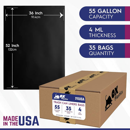 55 Gallon 4mil Trash Can Liners Bags - (35 Count) Capacity & Thick Extra Heavy Duty Strength - Large Garbage, Leak-Proof & Durable, House & Commercial Use Bags - Black