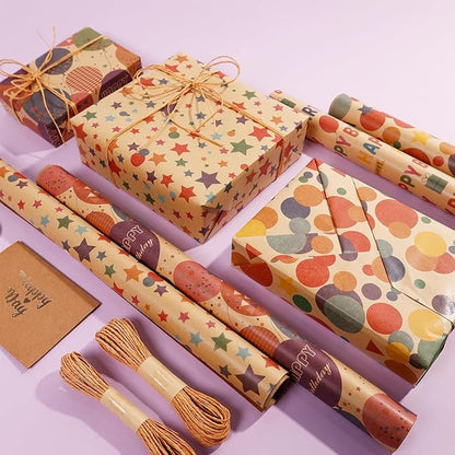 Birthday Wrapping Paper,Gift Wrapping Paper Roll,Kraft Wrapping Paper - 4 Roll 17 X 120 inch Per roll,Colorful Happy Birthday Pattern For Boys Girls Men Women, Perfect For Birthdays Party, Baby Shower