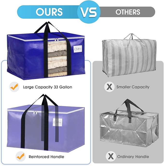 BlissTotes 6 Pack Moving Bags with Clear Window, Storage Bags with Strong Carrying Handles & Zippers,Large Packing Bags for Saving Space, Alternative to Moving Boxes(Blue,33 Gallon)