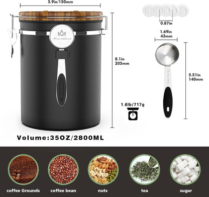 35OZ Coffee Canister for ground coffee with Date Tracker,Wood grain lid 304 Stainless Steel Kitchen Food Airtight storage container for Coffee Beans or Grounds, Tea, Sugar(35oz-grain)