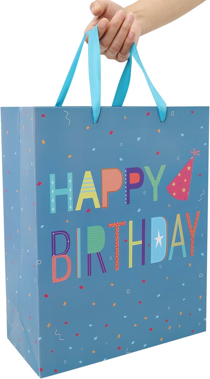 Qirrmiy 13” Large Happy Birthday Gift Bag Set with Handles, Greeting Card, Blue Tissue Papers and Stickers for Boys Teens for Baby, Kids‘ Birthday Party, Newborn, Cute Design, 1 Pcs