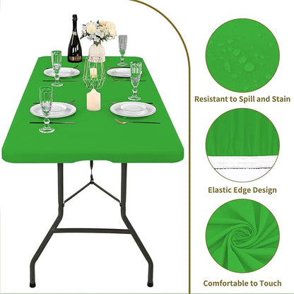 6 Pack Fitted Tablecloth for 8 Foot Rectangle Tables, Green Elastic Outdoor Picnic Table Cover, Washable Stretch Folding Table Cloths 8 ft for Camping Party Patio Kitchen Banquet, 30" W x 96" L