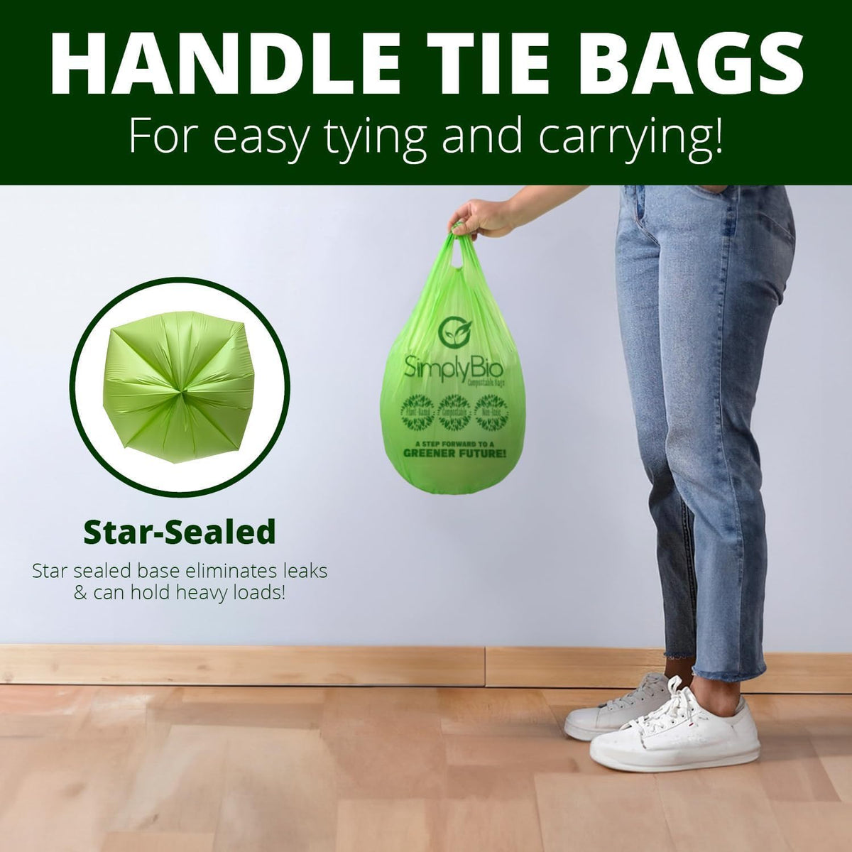 1.6 Gallon Compostable Trash Bags Handle, Heavy Duty Thick 0.6 Mil, 6.06 Liter, 50 Bags, Small Kitchen Food Scrap Waste Bag, ASTM D6400, US BPI and OK Compost Home Certified