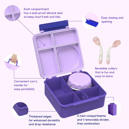Bento Box for Kids - Leak-Proof Lunch Box with Insulated Thermos Food Jar - 4 Compartments, 1 Removable Divider, 1Spoon, 1 Fork - Dishwasher Safe, BPA-Free (Light purple)