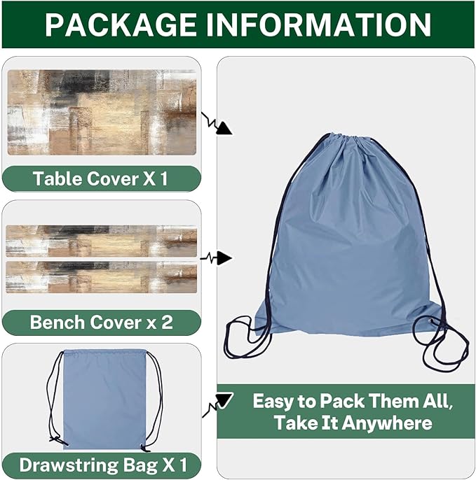 Brown Beige Painting Picnic Table Cover with Bench Covers, Grey Office Contemporary Abstract Outdoor Camping Essentials 6FT 3PCS Fitted Rectangle RV Must Haves Tablecloth with Drawstring Bag