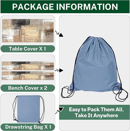 Brown Beige Painting Picnic Table Cover with Bench Covers, Grey Office Contemporary Abstract Outdoor Camping Essentials 6FT 3PCS Fitted Rectangle RV Must Haves Tablecloth with Drawstring Bag