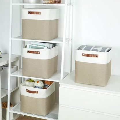 Temary Fabric Storage Baskets 12x12 Cube Bins 4 Pack Cloth Baskets for Shelf, Storage Cubes Bins Gift Empty (White&Khaki)