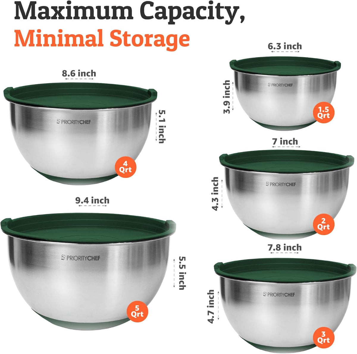 Priority Chef Premium Mixing Bowls With Airtight Lids Set, Thicker Stainless Steel Mixing Bowl Set, Large Prep Metal Bowls with Lids