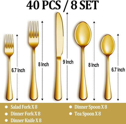 40 Pcs Gold Silverware Set Service for 8, Premium Stainless Steel Flatware Set, Cutlery Utensil Set, Durable Home Kitchen Eating Tableware Set, Include Fork Knife Spoon Set, Dishwasher Safe