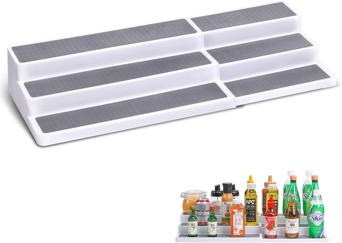 3 Tier Expandable Spice Rack Organizer, Plastic Spice Rack, Adjustable Length 14.6In-25.8In, Non-Skid Tiered Spice Shelf Organizer for Kitchen Cabinet, Cupboard, Pantry, White/Grey