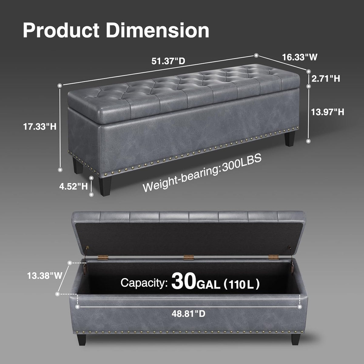 Storage Ottoman Bench, 51-Inch Large Storage Ottoman for Bedroom End of Bed, 30 Gallons Faux Leather Bench for Bedroom, Living Room, Entryway, Hallway, Grey