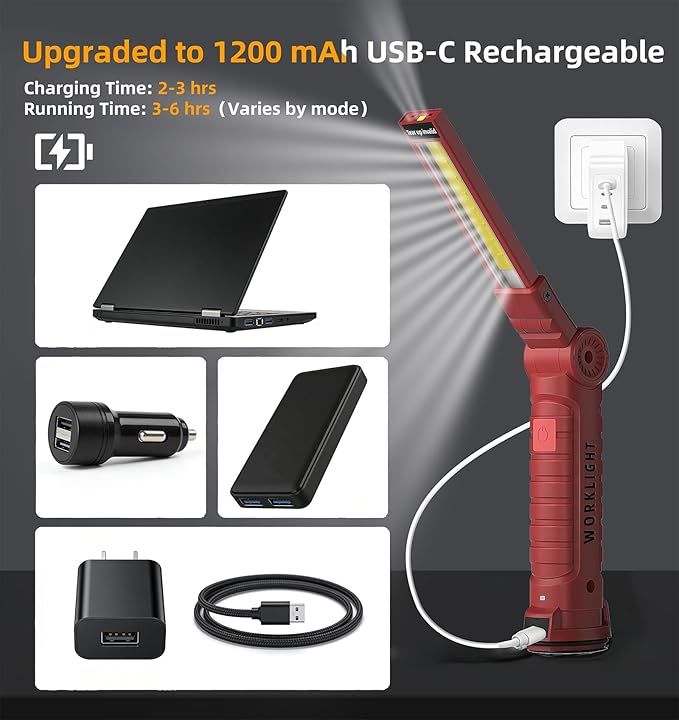 Rechargeable Work Light for Mechanics, Tool Fathers Day Dad Gifts for Men Him Husband Birthday Torch Grill Light Inspection Lamp with Magnetic Base Hook, 5 Modes 360° Rotate Car Repair 2 Pack