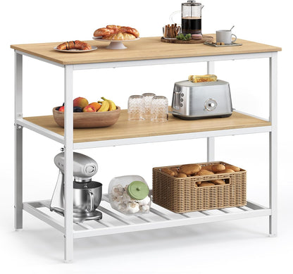 VASAGLE Kitchen Island with 3 Shelves, 39.4 Inches Width Kitchen Shelf with Large Worktop, Stable Steel Structure, Industrial, Easy to Assemble, Oak Color and White UKKI005W09