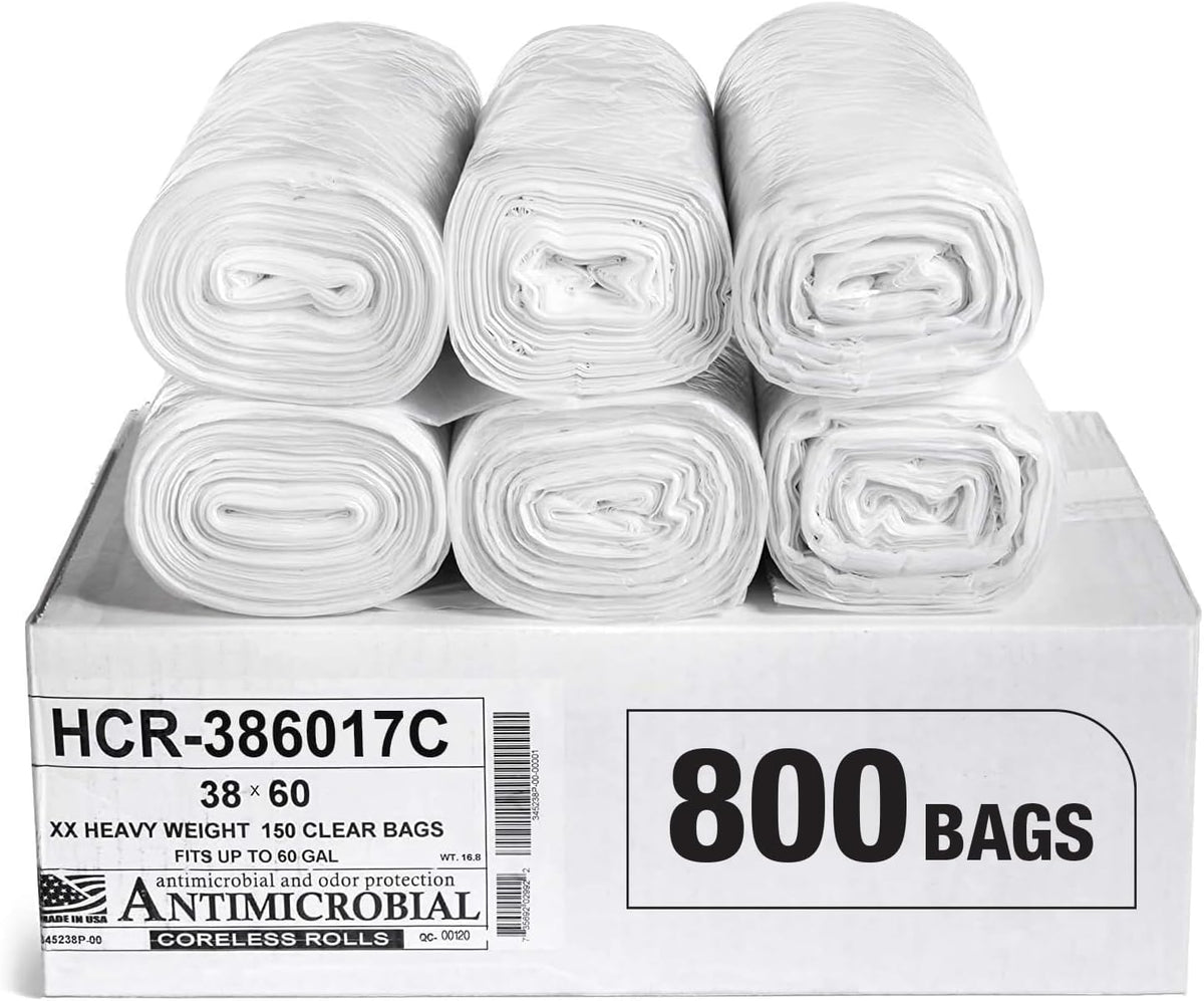 Aluf Plastics High Density Trash Bags, 60 Gallon, 800 Count, 17 Micron (eq), 38" x 60", Clear, for Bathroom, Office, Industrial, Commercial, Janitorial, Municipal, Recycling