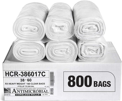 Aluf Plastics High Density Trash Bags, 60 Gallon, 800 Count, 17 Micron (eq), 38" x 60", Clear, for Bathroom, Office, Industrial, Commercial, Janitorial, Municipal, Recycling
