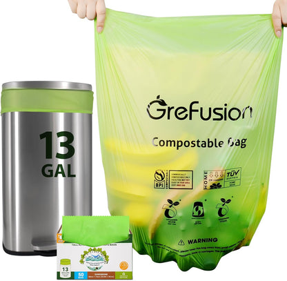 Compostable Bags,Trash bags 13+ gallon tall kitchen, Compostable Trash Lawn & Leaf Yard Waste Bags,Kitchen Compost Trash Bin Compatible,Extra Thick1.01 Mills,Certified by BPI and OK Compost(50count)