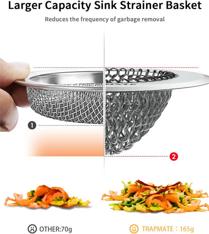 TRAPMATE Kitchen Sink Drain Strainer, Stainless Steel Sink Drain Strainer, 4.4 inch Sink Strainer Basket, Upgrade Anti-Clogging Garbage Disposal Strainer For US Standard Kitchen Drain, Dishwasher Safe