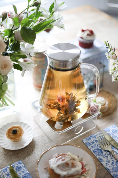 Teabloom One-Touch Tea Maker, 2-in-1 Teapot and Kettle with Stainless Steel Filter Lid for Loose Tea – Stain-free Borosilicate Glass Teapot (27 Oz)
