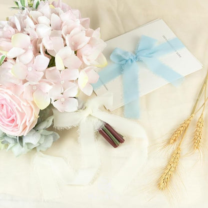 Blue Chiffon Ribbon 1 Inch x 21Yds Handmade Fringe Chiffon Silk Ribbon Blue & Cream Frayed Chiffon Ribbon for Baby Shower Wedding Invitation Flower Bouquets Gift Wrapping