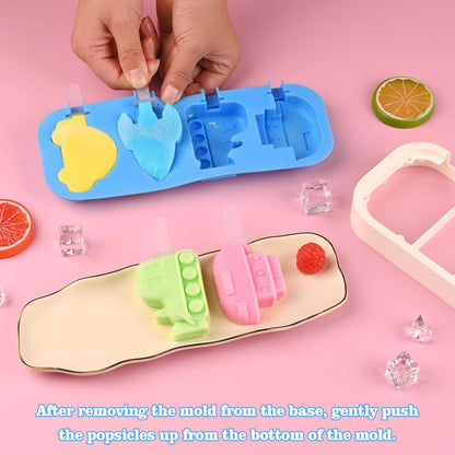 Sakolla 2 Pack Silicone Popsicle Molds with Sticks & Lid, 4-Cavity Mini Popsicle Molds for Kids - Cars, Ships, Train