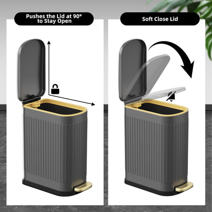 2.6 Gallon Slim Bathroom Trash Can with Soft Close Lid, 10L Stainless Steel Garbage Can with Removable Liner Bucket, for Narrow Spaces, Bathroom, Bedroom (Gray)