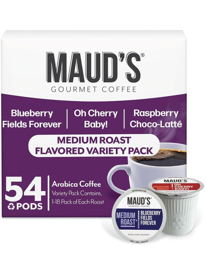 Maud's Blueberry, Cherry & Raspberry Chocolate Flavored Pods Bundle, 54 ct, Medium Roast Flavored Coffee in Recyclable Single Serve Pods