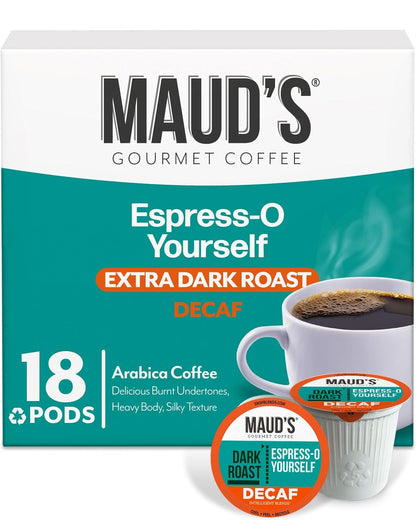 Maud's Decaf Espresso Roast Coffee Pods, 18 ct, Decaffeinated Dark Roast Recyclable Single Serve Pods – 100% Arabica Coffee