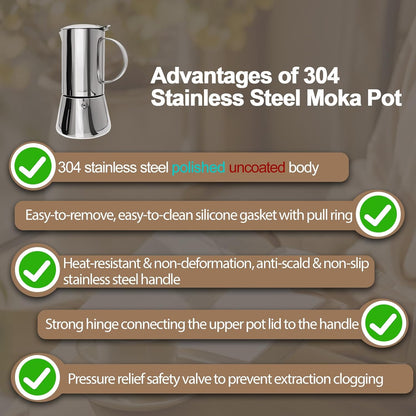 Uncoated 12 Cup Moka Pot 304 Thickened Stainless Steel Coffee Maker Stovetop Espresso Coffeemaker Italian Classic Style Brewing Greca Cafe Mocha Machine for Cafeteras Camping Travel Home 600ml 20oz