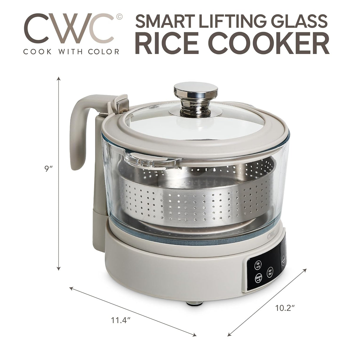 COOK WITH COLOR 3L Glass Low Carb Rice Cooker - Makes 6 Cups Cooked Low Sugar Rice with Auto Lift Filter Basket, Hotpot & Steamer for Rice, Grains and Oats, Digital Panel with Keep Warm, Sand