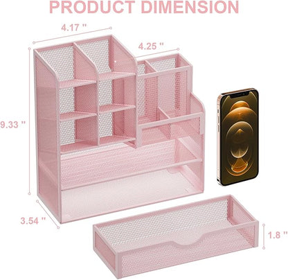 Marbrasse Mesh Desk Organizer with Drawer, Multi-Functional Pencil Organizer, 12 Compartments, Pink, Modern, Minimalist