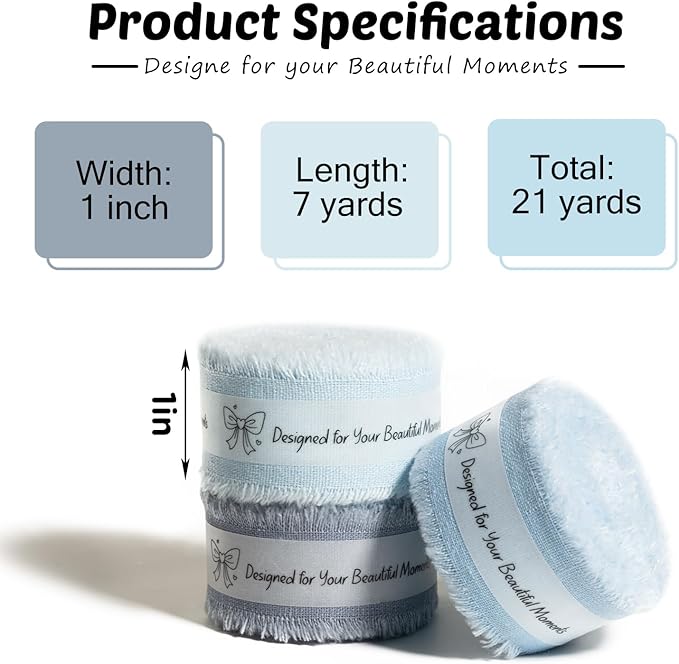 Blue Cotton Ribbon 1 Inch Dusty Blue, Baby Blue & Ice Blue 3 Rolls 21 Yards Frayed Edge Fabric Set for Baby Shower, Nursery Decor, Wedding Invitations, Gift Wrapping & DIY Crafts