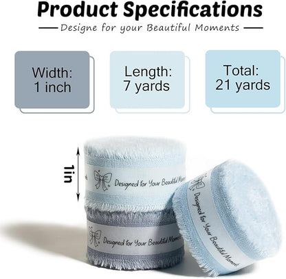 Blue Cotton Ribbon 1 Inch Dusty Blue, Baby Blue & Ice Blue 3 Rolls 21 Yards Frayed Edge Fabric Set for Baby Shower, Nursery Decor, Wedding Invitations, Gift Wrapping & DIY Crafts