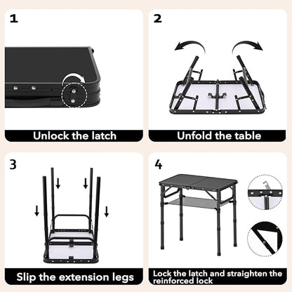 YihuiKo Small Folding Camping Table with Storage Net, 3 Adjustable Heights Foldable Table Lightweight & Portable with Carry Handle for Outdoor Indoor, Pure Black