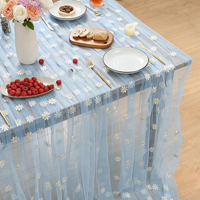 Horaldaily Blue Embroidery Daisy Spring Summer Gauze Tablecloth 60×84 Inch Rectangular, Seasonal Tulle Table Cover, Garden Party Decorations for Wedding, Party, Holiday Dining