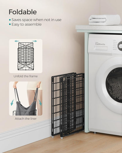SONGMICS Laundry Hamper, 11 Gal. (50L) Laundry Basket, Collapsible Clothes Hamper, Removable and Washable Liner, Metal Wire Frame, for Bedroom Bathroom, Black and Gray ULCB150G01