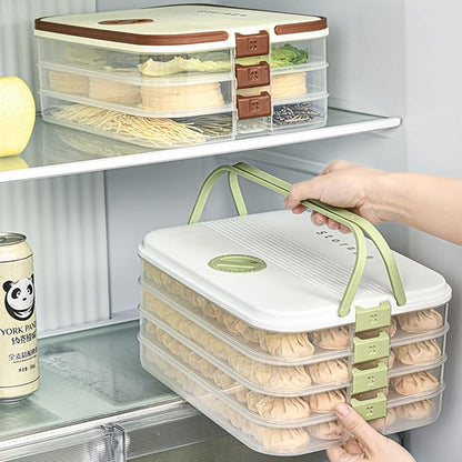Dumplings Storage with 4 Layers, Stackable with Buckle, Lid & Handle for Cookies Wonton Donuts Box Organizer For Fridge, White-Green