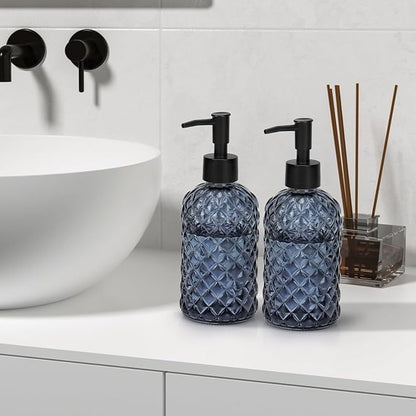 13.5Oz Gem Design Soap Dispenser with Plastic Pump, Refillable Glass Soap Dispenser for Hand Soap, Dish Soap, Lotion (Blue Grey)