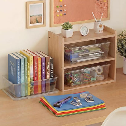 10 Pcs Cubby Bin with Clear Latching Lid Label Sticker Colored Plastic Stackable Book Storage Container for Classroom Office Home Sorting Arts Craft Desk Organizer(Clear)