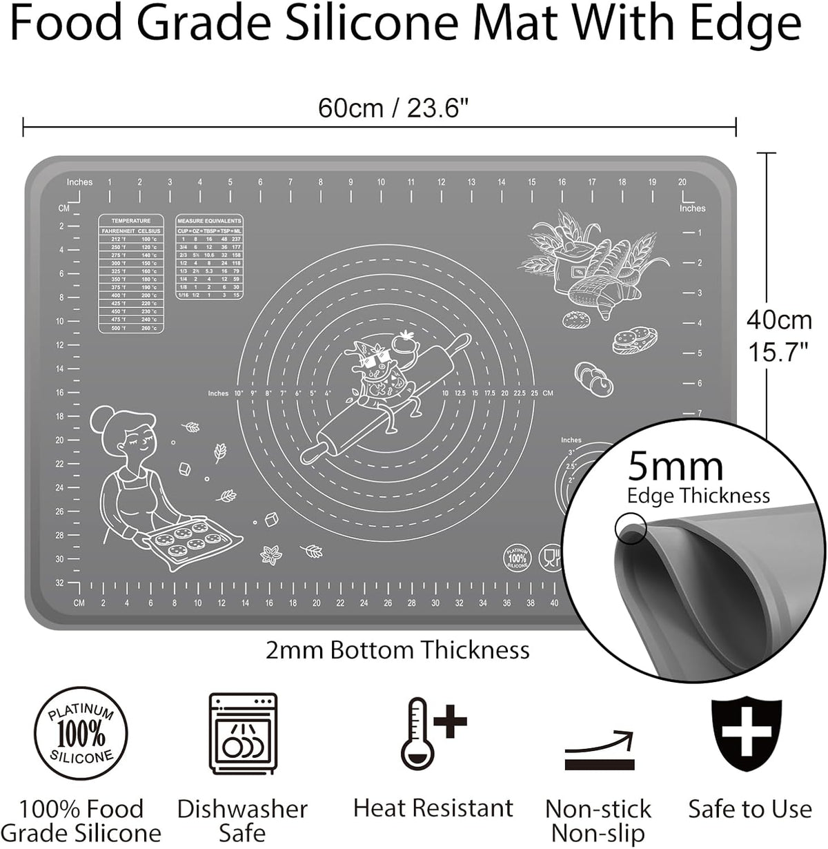 Silicone Baking Mat 24" x 16" Extra Thick Non-stick Pastry Mat with Measurements and Edge Heightening