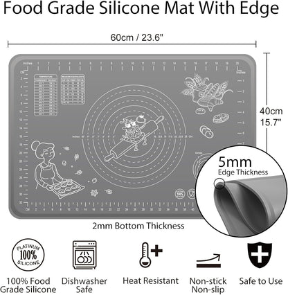 Silicone Baking Mat 24" x 16" Extra Thick Non-stick Pastry Mat with Measurements and Edge Heightening